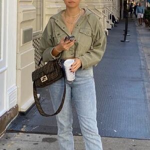 Olive Green Cropped Jacket with Button Details